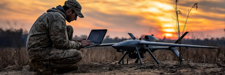 Drone operator configuring UAV in field at sunset, showcasing outdoor technology deployment system.の素材