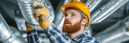 Dedicated HVAC Contractor Thoroughly Inspecting Ventilation Ductwork on Industrial Building Siteの素材
