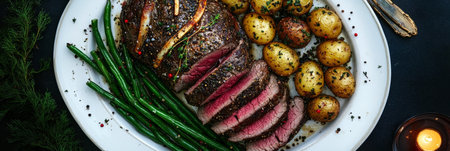 Sliced Roasted Beef Tenderloin with Potatoes and Green Beans on a Festive Holiday Platterの素材