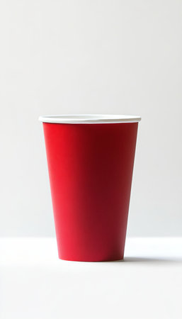 Vibrant Red Disposable Paper Cup Isolated on a Clean White Background for Beverage Mockup Ideasの素材