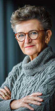 Senior professional with eyeglasses in a modern office, exuding confidence and expertise.の素材