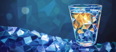 Stunning Polygonal Refreshment Hand Painted Faceted Glass Tumbler with Sparkling Water Artの素材