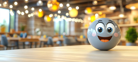 Cheerful 3D Emoji Illustration on Gray Tabletop Background with Blurred Bokeh Cafe Interior Lightsの素材