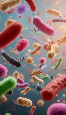 Exploring the Vibrant Microscopic World Diverse Bacteria and Viruses in Colorful Dynamic Arrayの素材