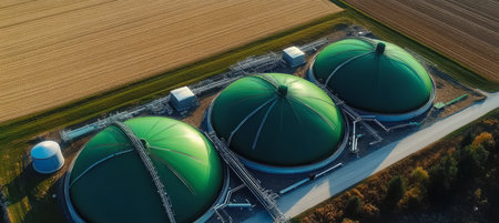 Aerial view of biogas digesters in rural fields showcasing sustainable clean energy solutions.の素材