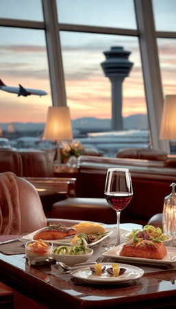 Elegant Airport Lounge Fine Dining Experience with Sunset View, Wine, and Scenic Aerial Landscapeの素材