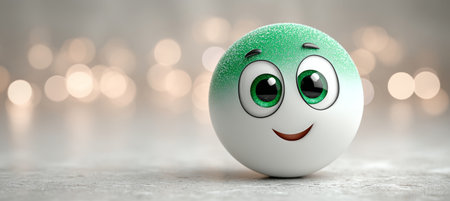Whimsical Green Textured 3D Character with Big Googly Eyes on Clean Neutral Floor with Sparklesの素材