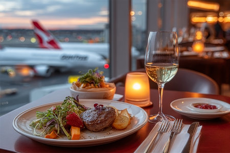 Elegant airport dining experience with gourmet entre and wine, overlooking runway takeoff views.の素材