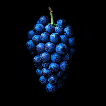 Bountiful Dark Blue Grapes on a Black Background, Showcasing Freshness and Natural Simplicityの素材
