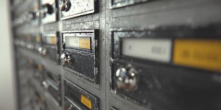 Grungy Metallic Mailboxes in Urban Apartment House Provide Secure Storage for Letters and Documentsの素材