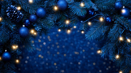 Captivating Christmas Holiday Season Scene with Deep Blue Garland, Ornaments, and Bright Lightsの素材