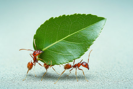 Close-Up of Teamwork Small Ants Collaboratively Moving a Green Leaf with Great Focus and Strengthの素材