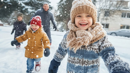 Children Enjoying a Fun Winter Adventure in the Snowy Landscape, Playing and Exploring Togetherの素材