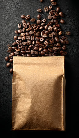 Freshly Roasted Coffee Beans Spilled Around a Kraft Paper Pouch Mockup on a Rustic Backgroundの素材