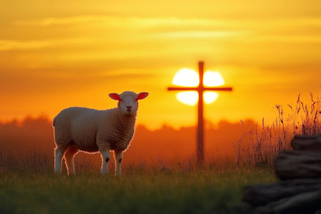 Lamb Standing Gracefully in a Field at Sunset Near a Cross, Symbolizing Faith and New Beginningsの素材