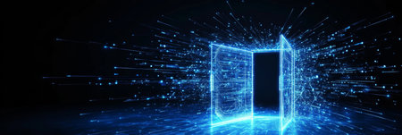 Futuristic Blue Door Portal Opening to a New Dimension of Innovation and Technological Explorationの素材