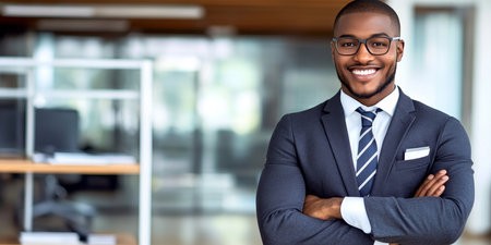 Smiling African American lawyer in office, exemplifying professionalism and warmth in legal field.の素材