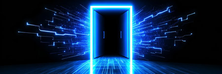 Futuristic Neon Portal Opens to Cyberdimension, Showcasing High-Tech Elements and Vibrant Colorsの素材
