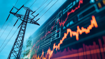 Electricity Grid Challenges and Energy Market Volatility Illustrated by Power Lines and Stock Trendsの素材
