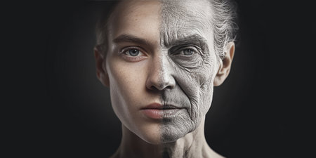 A Portrait of Time A Youthful Face Transitioning to an Aged Counterpart, Capturing Life s Journeyの素材