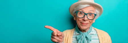 Joyful elderly man with a humorous expression against a bright green wall background.の素材