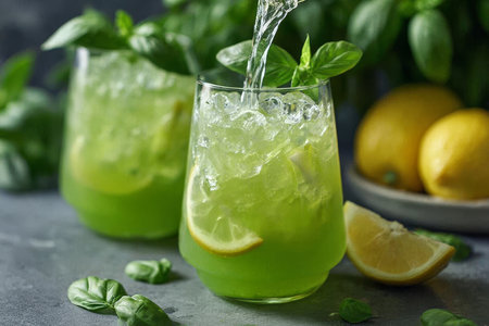 Refreshing Basil Lemonade in a Tall Glass with Fresh Herbs and Lemon Slices for Summer Enjoymentの素材
