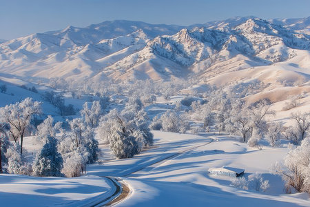 Majestic Snowy Mountain Road at Dawn, Serene Winter Landscape with Rolling Mountains and Valleyの素材