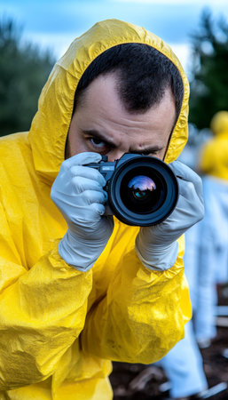 Forensic Investigator Capturing Crime Scene Evidence with Camera in Outdoor Setting during Daylightの素材