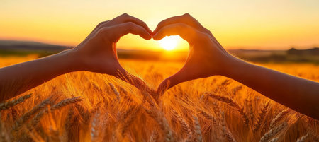 Two Hands Forming a Heart Shape Against a Beautiful Sunset Over a Wheat Field, Symbolizing Loveの素材
