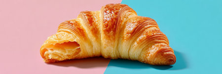 Golden Baked Croissant Delight on a Split Light Pink and Blue Background, Flaky and Tempting Treatの素材