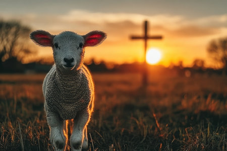 Sunset Scene with a Little Lamb Resting Under a Wooden Cross, Symbolizing Hope and Faith.の素材