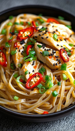 Delicious Asian Noodles with Grilled Chicken, Fresh Chilies, and Chopped Green Scallions Garnishの素材