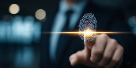 Businessman Using Advanced Biometric Technology for Secure Access and Digital Identity Verificationの素材