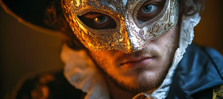 Mysterious Man in Mask at Venetian Carnival, Captivating Portrait of Intrigue and Eleganceの素材