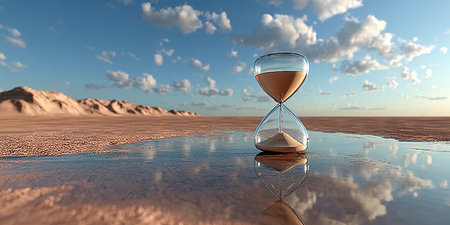 Elegant hourglass with flowing sand reflecting against a serene pool, symbolizing time s passage.の素材