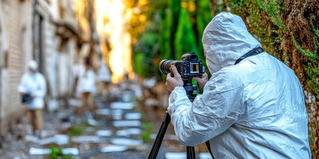 Meticulous Investigator Documenting Crime Scene with Detailed Notes and Photographs for Inquiriesの素材