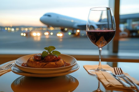 Gourmet Dining Experience in Airport Lounge with Red Wine and Airplane Views, Luxury Travel Vibesの素材