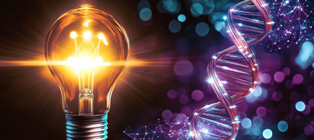 Innovative Biochemistry and Genetic Science Concept Featuring Glowing DNA Helix with Light Trailsの素材