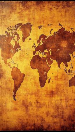 Vintage World Map Illustration in Antique Style, Detailed Cartography with Weathered Texture Effectsの素材