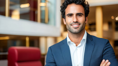 Confident businessman in navy suit, serious expression, modern office background, leadershipの素材