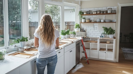 A Dedicated Woman Embarks on Renovating a Bright Kitchen, Blending Rustic Charm and Minimalismの素材