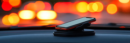 Sleek Dashboard Mobile Mount for Modern Cars, Perfect for Hands-Free Navigation in Night Cityscapesの素材
