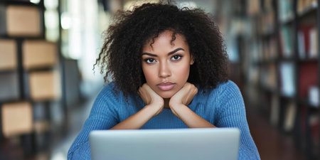 Frustrated African American Student Working Late Alone in Library, Overwhelmed by Academic Pressureの素材