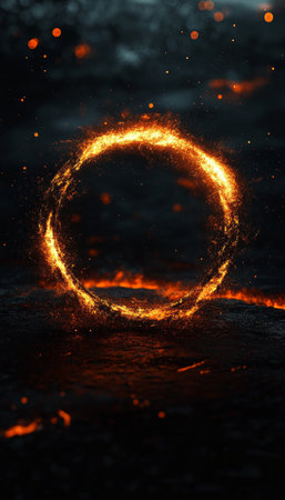 Vibrant Fiery Circle on Dark Backdrop, Stunning Abstract Ring of Fire with Hot Glowing Flamesの素材