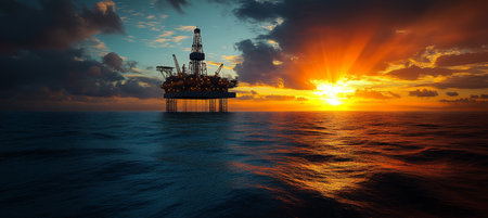 Distant Oil Rig Silhouette at Sunset, Reflection in Calm Waters Creates a Beautiful Sceneの素材