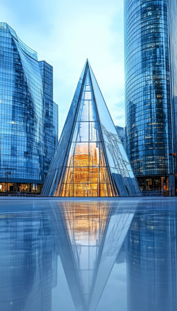 Modern Architectural Elegance Featuring a Glass Pyramid and Towering High Rises in the Cityscapeの素材