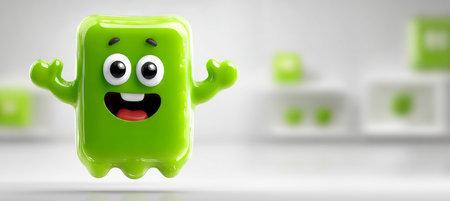 Whimsical 3D Cartoonish Character, a Cheerful Mint Green Emoji Floating in a Creative Studio Spaceの素材