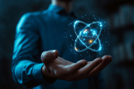 Futuristic Holographic Atom Model Illustrating Advanced Scientific Concepts in Modern Office Settingの素材