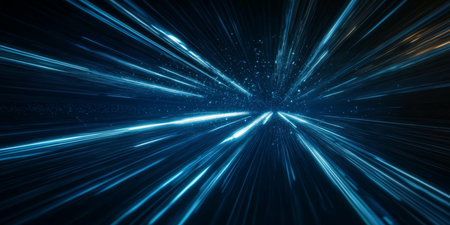 Futuristic Blue Light Stream Journey Through Space, Creating a Dynamic Speeding Background of Lightの素材