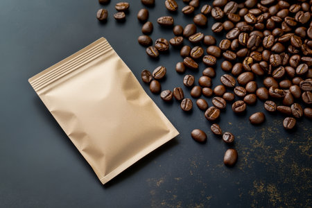 Elegant kraft paper pouch on dark surface with roasted seeds and beans for packaging mockup designの素材
